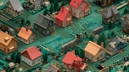 A futuristic concept of digital homes illustrated on a circuit board, symbolizing smart living and technology integration.
