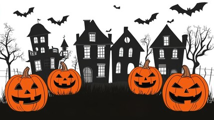 Halloween Banner with Spooky Houses and Bats, Black Silhouette Buildings Vector Illustration, Flat Design Pumpkin Background