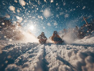 Two people sledding downhill on snowy slope, sunlight glowing through snow spray, exciting winter sport activity full of motion, joy and mountain adventure