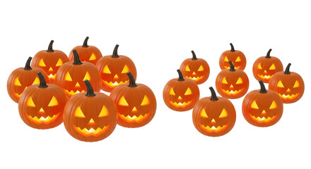 A group of carved jackolanterns with glowing faces, isolated on a transparent background, representing halloween decorations
