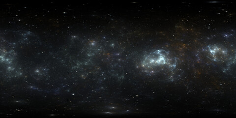 360 degree space nebula. Giant interstellar cloud with stars, equirectangular projection, environment map. Spherical panorama. 3D rendering, Fractal image