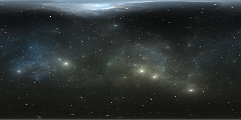 360 degree space nebula. Giant interstellar cloud with stars, equirectangular projection, environment map. Spherical panorama. 3D rendering, Fractal image