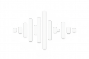 Vibrating white digital audio waveform on a transparent background, illustrating sound and music with a modern, technological flair