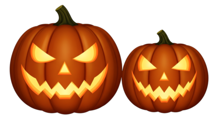 Two carved halloween pumpkins with glowing faces, isolated on a transparent background