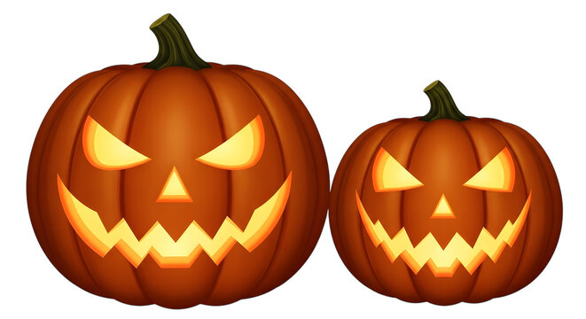 Two carved halloween pumpkins with glowing faces, isolated on a transparent background