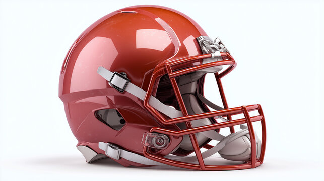 A red football helmet with a protective faceguard, isolated on a clean white background.
