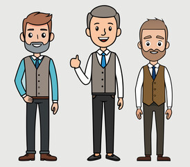 Group of cartoon male business characters posing together on gray backdrop, flat vector illustration for corporate and workplace concepts