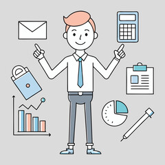 Smiling cartoon businessman with workplace icons around him, flat vector illustration on gray background for office and teamwork themes