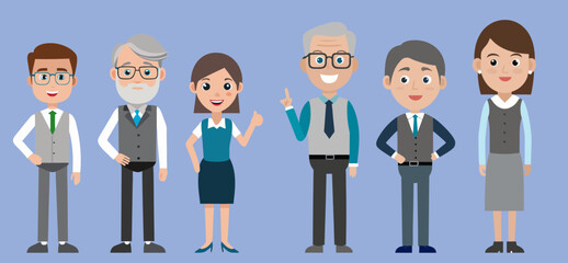 Cartoon business team smiling and posing together on blue background, vector illustration of office people for corporate design and marketing themes