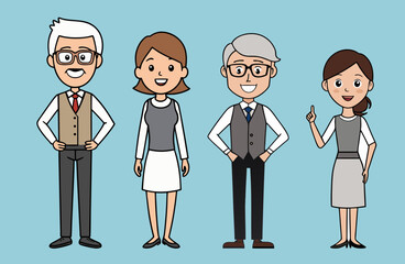 Illustration of four cartoon characters, two men and two women, dressed in formal office attire. The group is smiling, showing teamwork and professionalism.