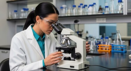 Focused scientist examining samples under a microscope in a laboratory setting for research and
