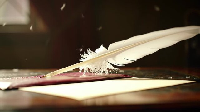Feather quill and ink on parchment paper, writing concept