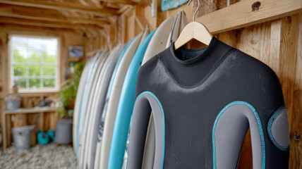 Surfboards and wetsuit hanging in a wooden storage shed.