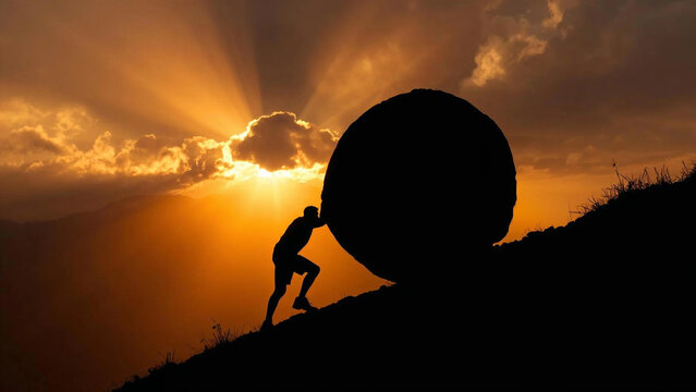A dramatic silhouette of a person pushing a huge round boulder uphill on a rocky mountain slope at sunset