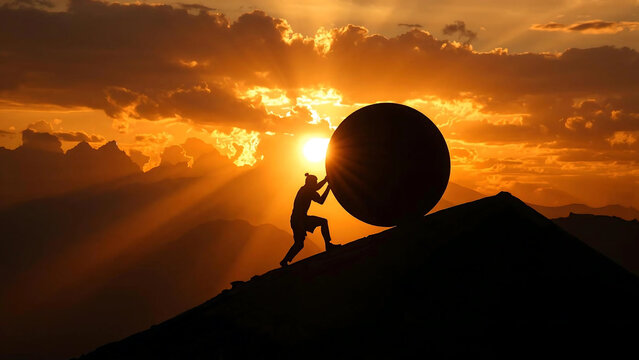 A dramatic silhouette of a person pushing a huge round boulder uphill on a rocky mountain slope at sunset