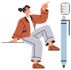 Person sitting and pointing at checklist clipboard, accompanied by large pen. Ideal for planning, organization, task management, productivity, goal achievement, education creativity. Simple flat
