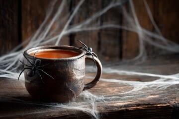 Cold spiced apple cider in a rustic mug with licorice spider legs dangling over edge, sitting on a wooden table covered in fake cobwebs 