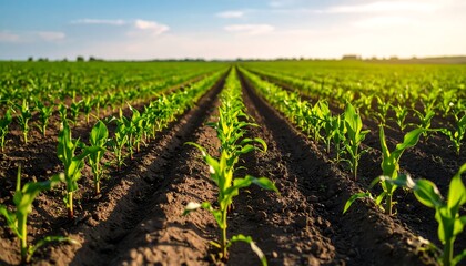 Rows of young corn plants in a field under a bright sky