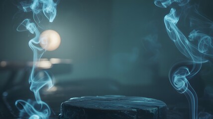 Mysterious glowing orb emerges from ethereal blue smoke on a dark moody background with a stone pedestal