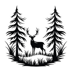 Silhouette deer calmly stands among evergreen trees and tall grass in black vector