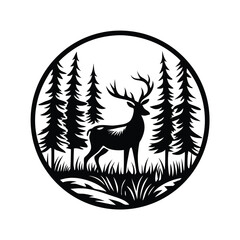 Obraz premium Silhouette of a deer standing among fir trees in a circular frame is showcased