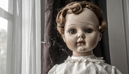 Creepy antique doll with cracked face and curly hair, near a window, ominous atmosphere.