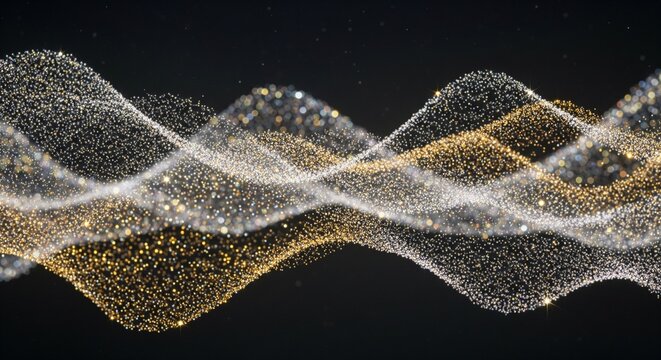 Wavy patterns of white & gold particles on black background, evoking dynamic movement & elegance. Abstract visual with glowing dots. AI Generated
