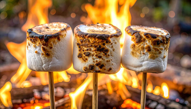 Toasted marshmallows roasting over campfire in the wilderness