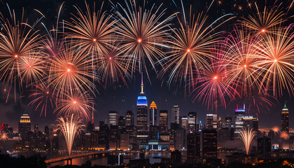 Fototapeta premium A spectacular New Year's Eve party background with fireworks exploding over a city skyline at night.