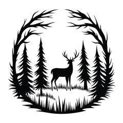 Silhouette of a majestic deer amidst tall pine trees within a forest frame © Kabbo