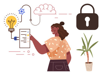 Woman marking checklist with lightbulb, cloud, padlock, and plant, representing creativity, problem-solving, security. Ideal for innovation, organization productivity planning cybersecurity