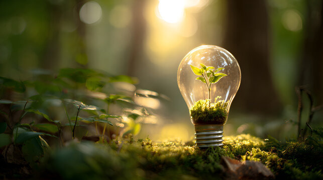 Small plant growing inside light bulb in forest at sunset promoting renewable energy and environmental protection - Powered by Adobe