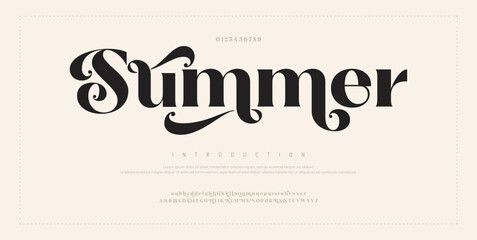 Summer Elegant alphabet letters font and number. Classic Modern Serif Lettering Minimal Fashion. Typography decoration fonts for branding, wedding, invitations, logo.