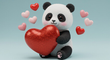 Adorable Panda Embraces Glittering Heart, Surrounded by Floating Hearts, Love Concept.
