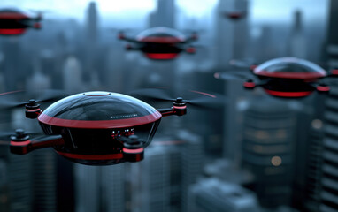 Obraz premium Futuristic drone swarm urban skyline surveillance technology autonomous aerial patrol weaving calm