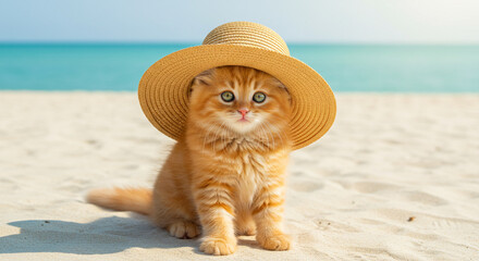 Cute Fluffy Orange Kitten Wearing Straw Hat on White Sandy Beach by Turquoise Sea