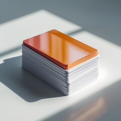 A professional photo of a stack of glossy business cards with slightly fanned edges, isolated on a crisp matte white background, illuminated with soft overhead lighting that highlights the texture.