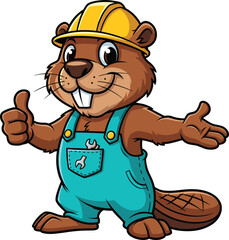 Cartoon construction beaver mascot wearing yellow hard hat and teal overalls, giving thumbs up, friendly builder animal character vector illustration