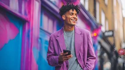 Stylish influencer smiling and using smartphone in urban setting
