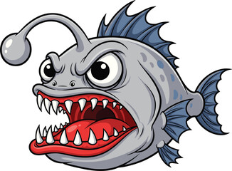 Cartoon deep sea anglerfish with glowing lure, sharp teeth, and angry face — perfect for marine monster vector illustration designs