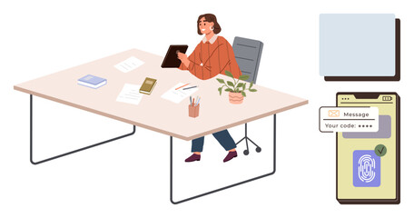 Woman sitting at desk with tablet, papers, phone, and plant, utilizing smartphone fingerprint authentication. Ideal for technology, security, modern workplace, productivity innovation data privacy