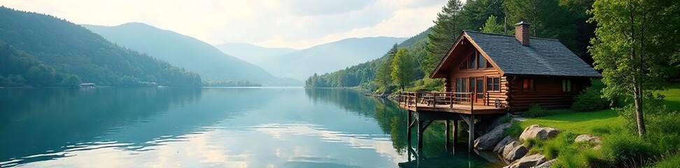 Fototapeta premium Serene lakeside cabin retreat, perfect for a rejuvenating leave wellness escape Enjoy tranquility and reconnect with nature , renewal, nature, calm