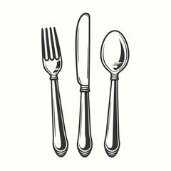Simplified cutlery set including a fork, knife, and spoon are isolated on a white backdrop