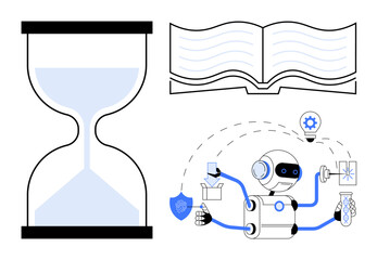Robot utilizing multiple arms for solving tasks with tools and icons, large hourglass symbolizing time, open book for knowledge. Ideal for innovation, robotics, learning, AI, productivity