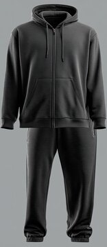 Full view of a dark gray/black zipped hoodie and sweatpants set