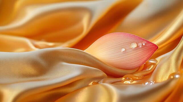 A close up of a pink lotus petal with water droplets on golden silk fabric - Powered by Adobe