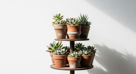 Fototapeta premium Beautiful Arrangement of Succulents in Ancient Rustic Clay Pots