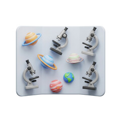 3D Render Of Planets And Microscopes On A White Surface On Transparent Background