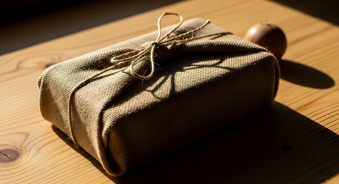 Rustic gift wrapped in burlap on wooden table