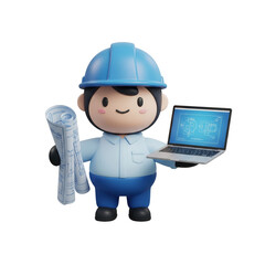 Cute 3D Engineer Character Holding Blueprint and Laptop with Transparent Background